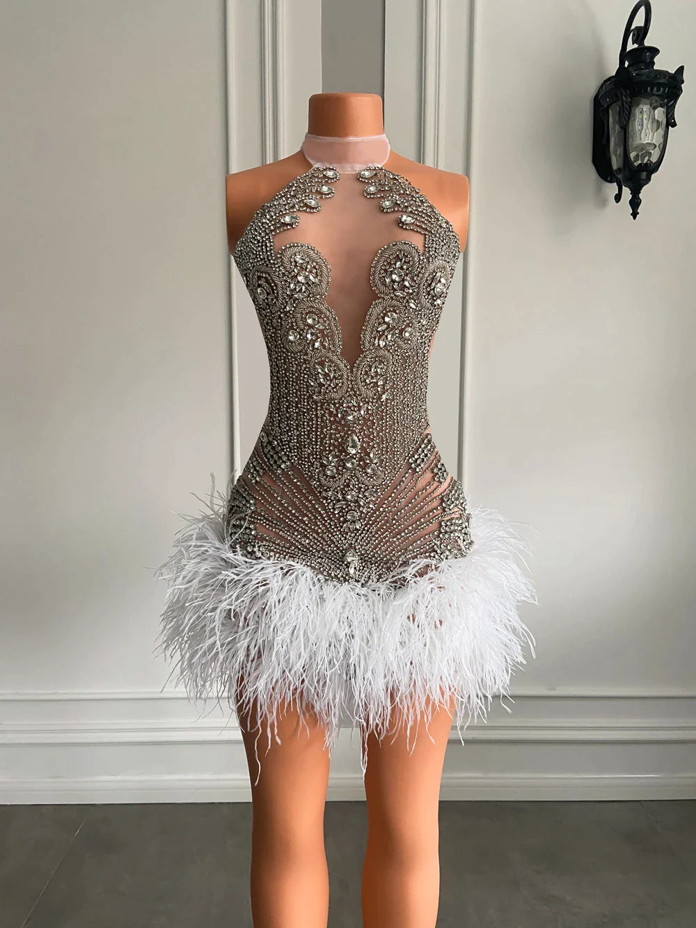 Vestidos de fiesta de cumpleaños para mujer, brillantes cristales hechos a mano, Sexy, transparente, pluma blanca, negro, Mini vestido de graduación corto para niña 