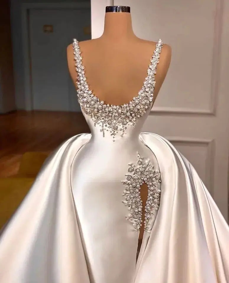 Abito da sposa per perle di lusso perle per perle da sposa con abiti da sposa a split del treno staccabile per donne su misura per il vestido de novi