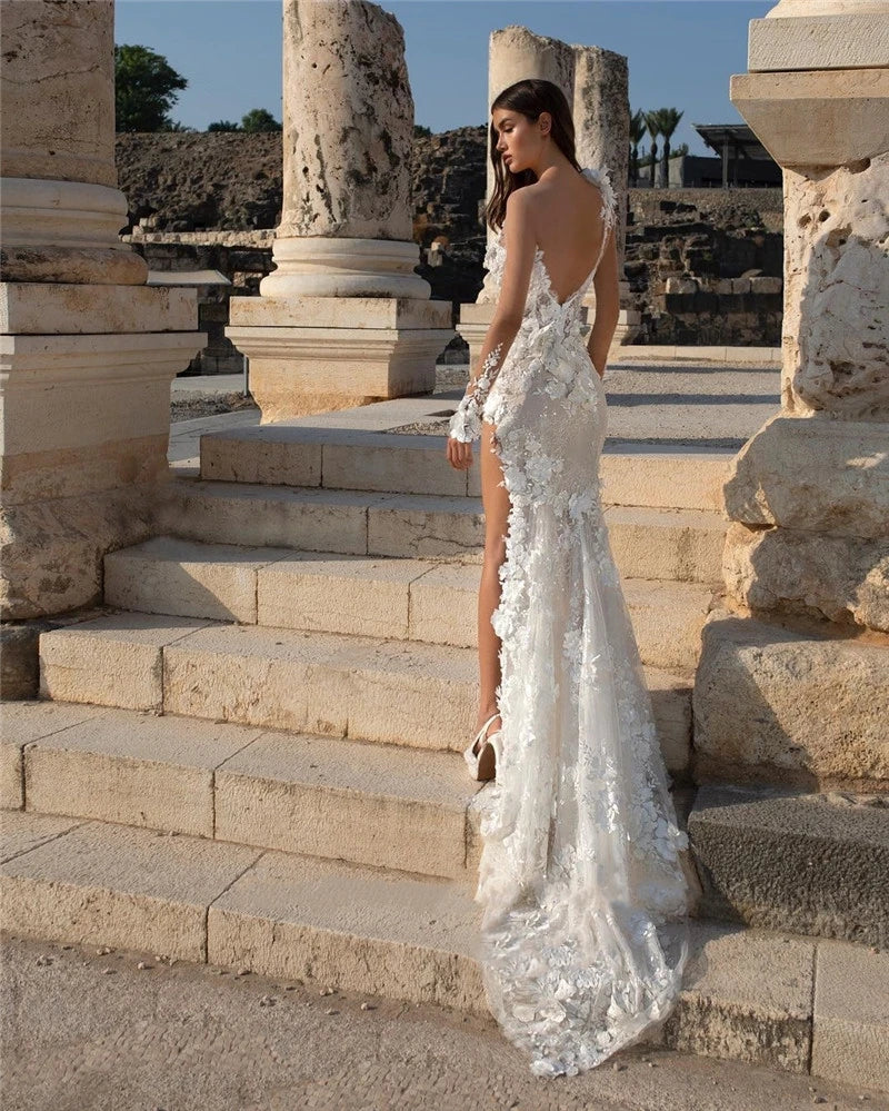 Robe de mariée moderne en dentelle, fendue sur le côté, Sexy, dos nu, chérie, longueur au sol, avec des appliques, style sirène 