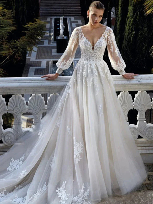Modest Long Sleeve Wedding Dress Classic Lace Appliques Bride Robe Elegant Vintage A-line Tulle Long Bridal Gown Robe De Mariée