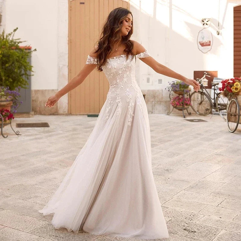 Vestidos De Novia elegantes para mujer, Vestidos De Novia De corte en A, Apliques De encaje con hombros descubiertos, batas elegantes, Vestidos De Novia 