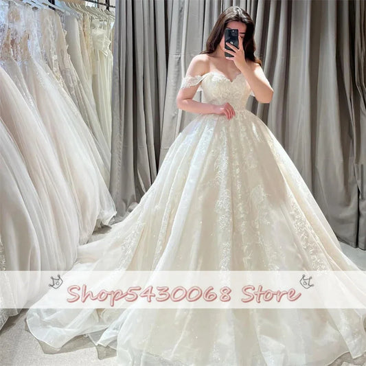 Vintage Glitte Lace Wedding Dresses Sweetheart Appliques Off Shoulder A-Line Bridal Gowns Backless Princess Bride Dress
