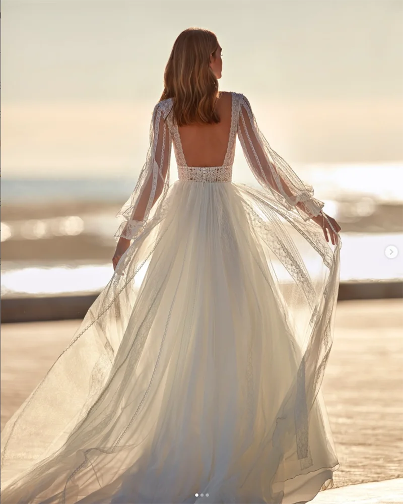 Strand boho kanten tule a-line trouwjurken o nek lange mouwen bruid jurk backless elegless elegante op maat gemaakte bruidsjurk voor vrouwen